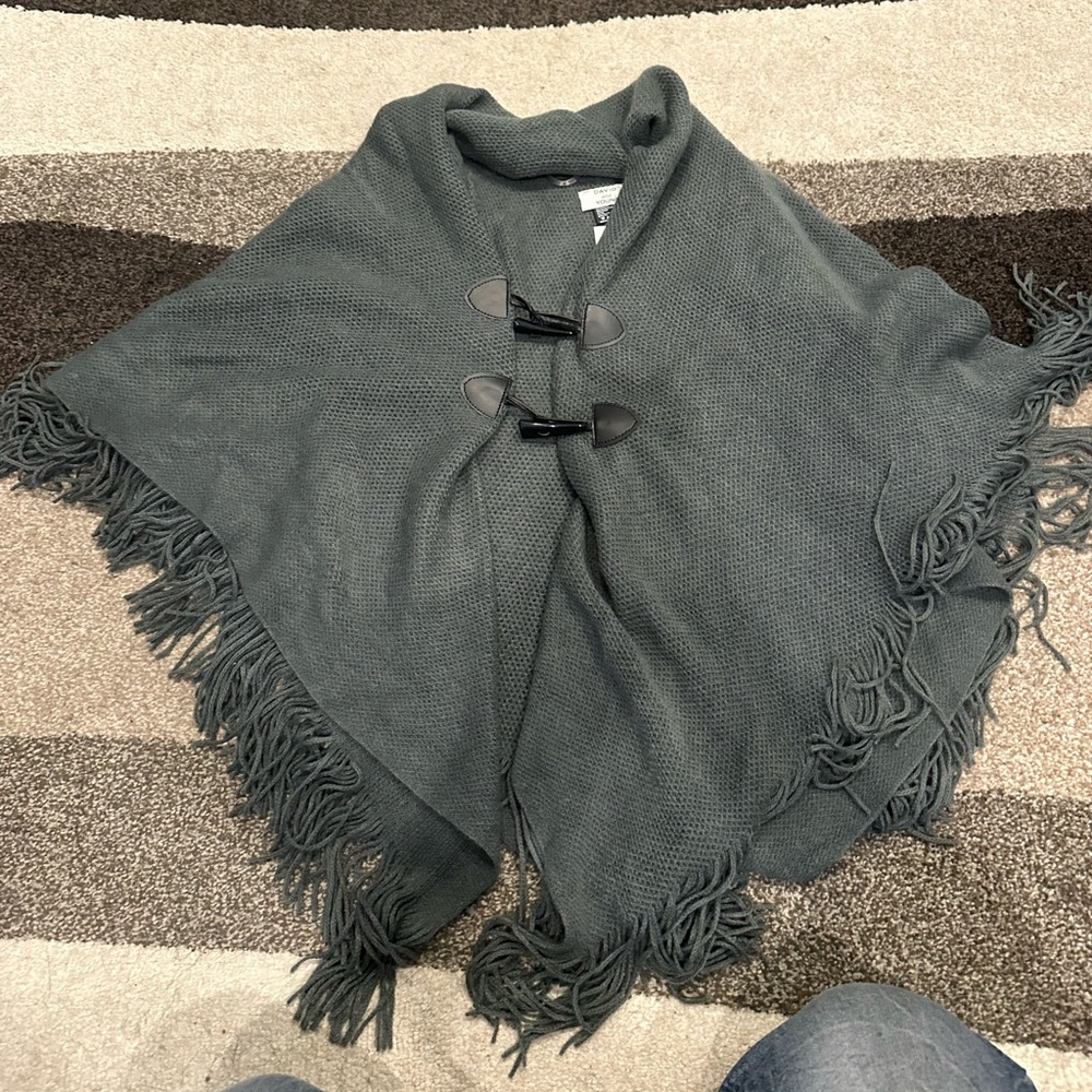 Gray Fringe Poncho with Toggle Closures